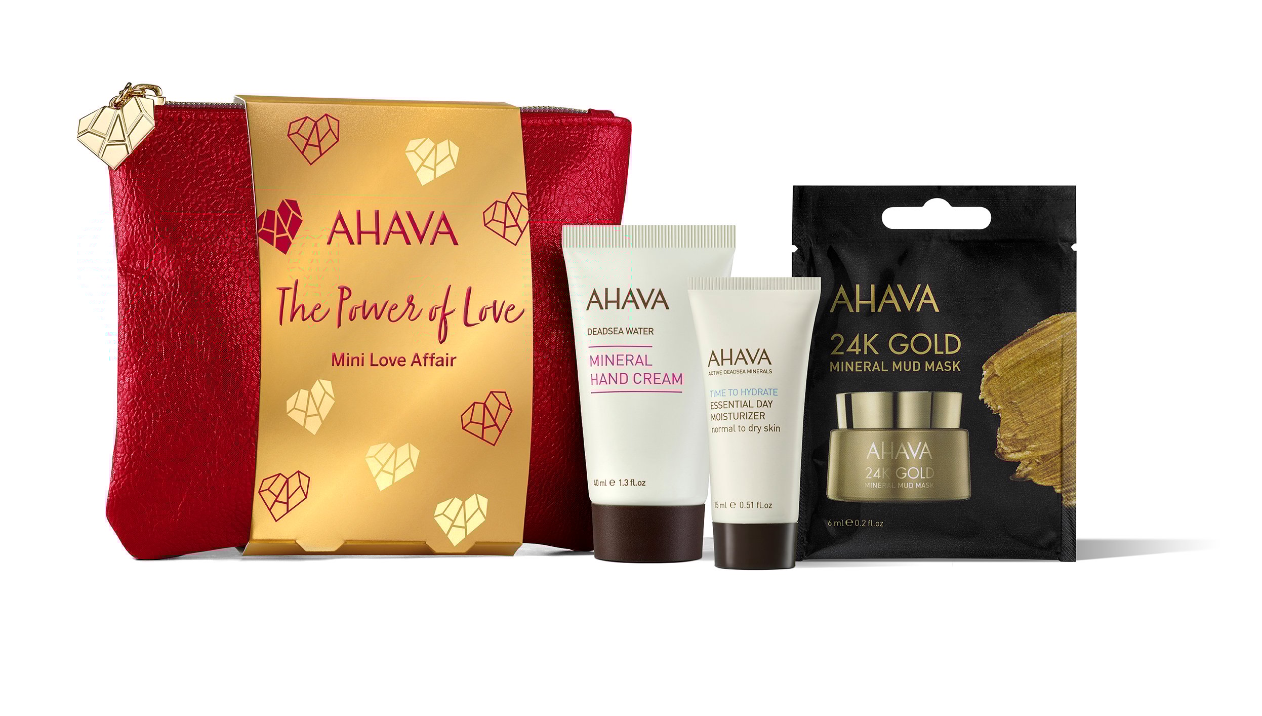 AHAVA Geschenkset mit roter Tasche, Handcreme, Körpercreme und 24K Gold Schlammmaske.