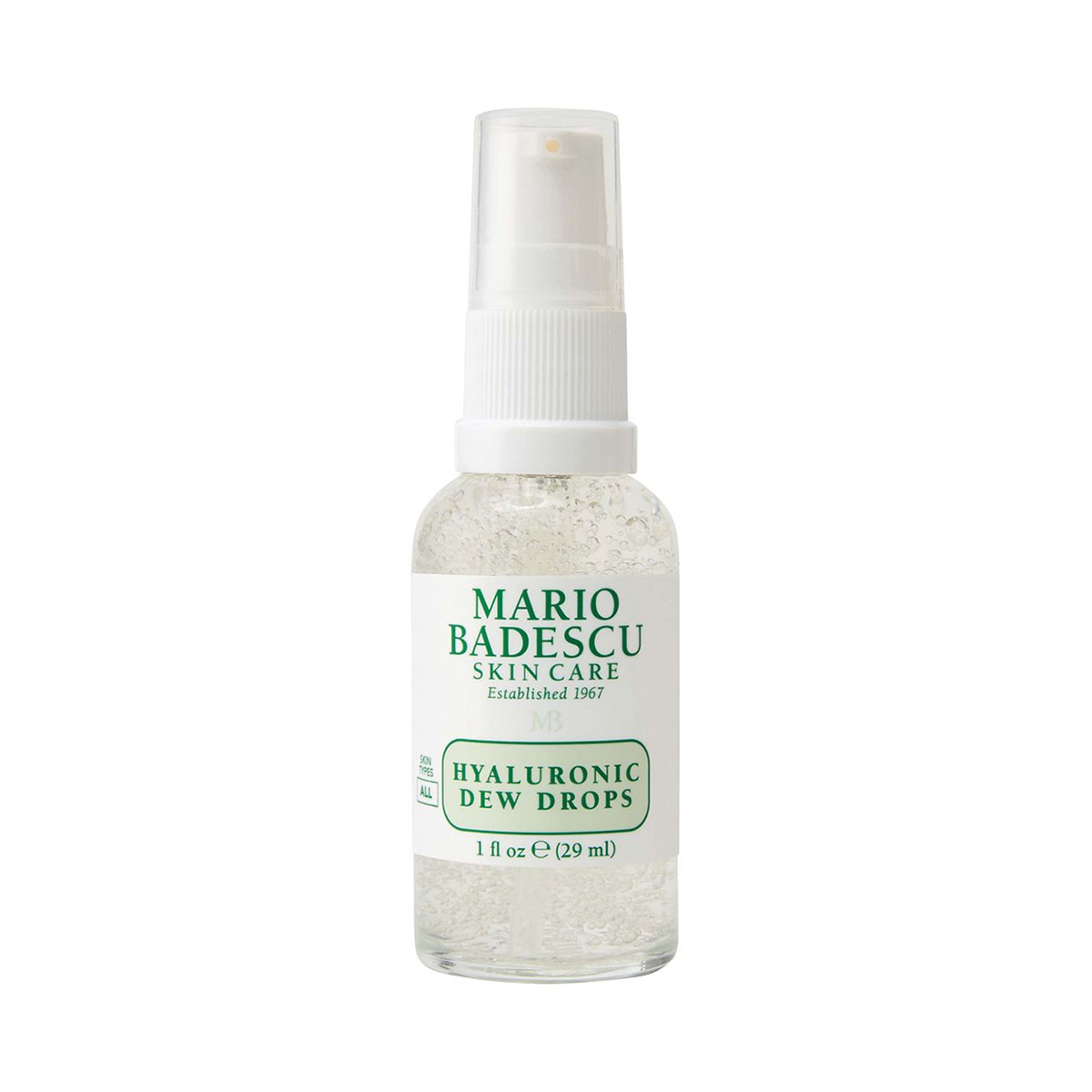 Flasche Mario Badescu Hyaluronic Dew Drops, 29 ml, mit weißem Sprühkopf und grünem Etikett.