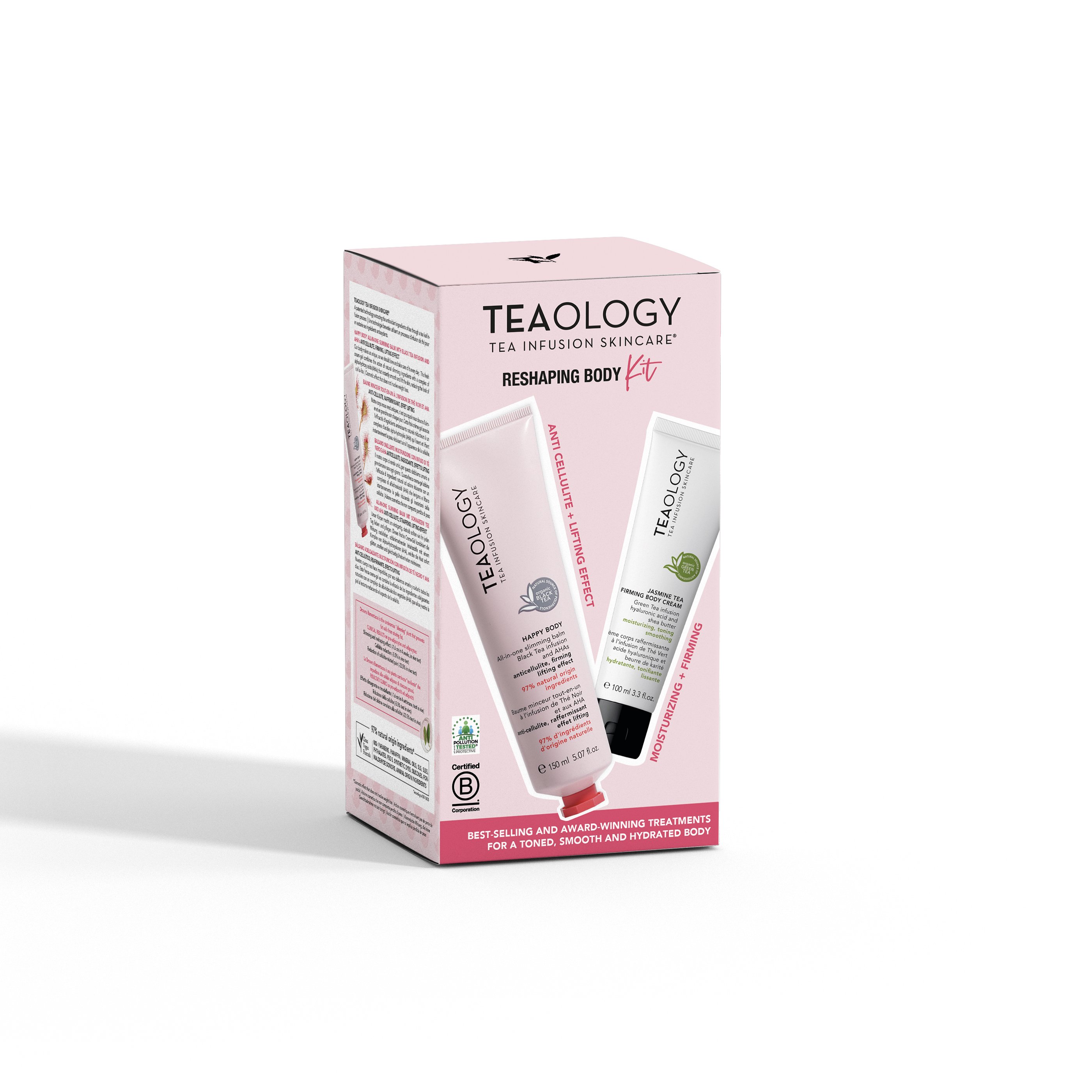 Teaology Reshaping Body Kit Verpackung mit zwei Tuben, Vorder- und Rückseite sichtbar.