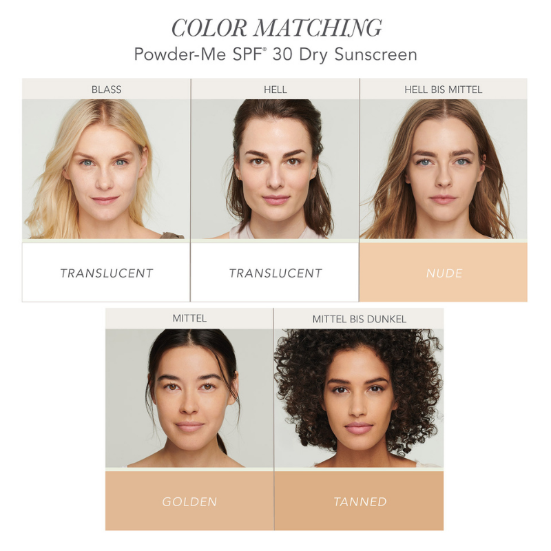 Farbabstimmung für Powder-Me SPF 30 Trockensonnencreme: Translucent, Nude, Golden, Tanned. Sechs Frauen mit verschiedenen Hauttönen.