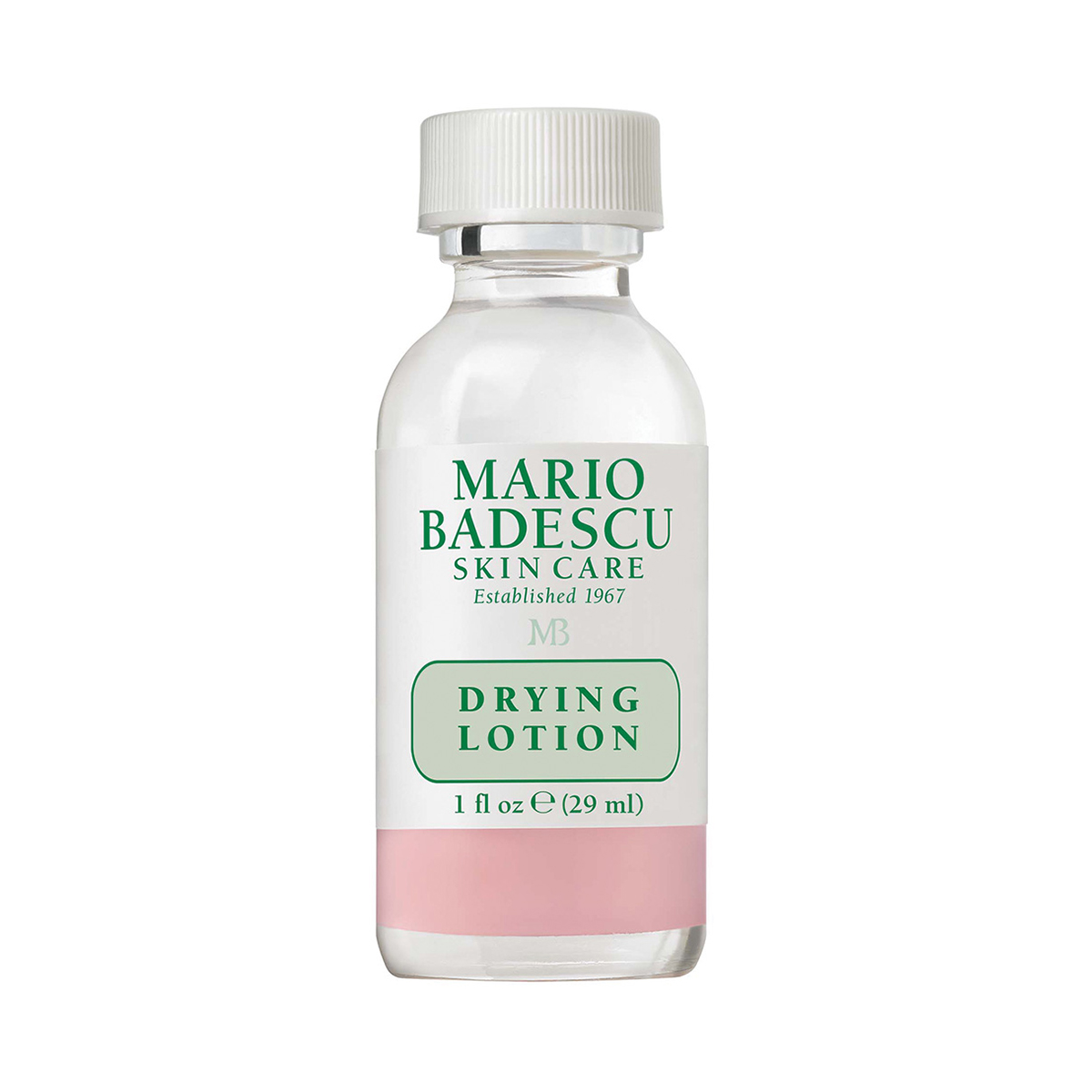 Flasche Mario Badescu Drying Lotion, 29 ml, mit weißem Etikett und rosa Flüssigkeit.
