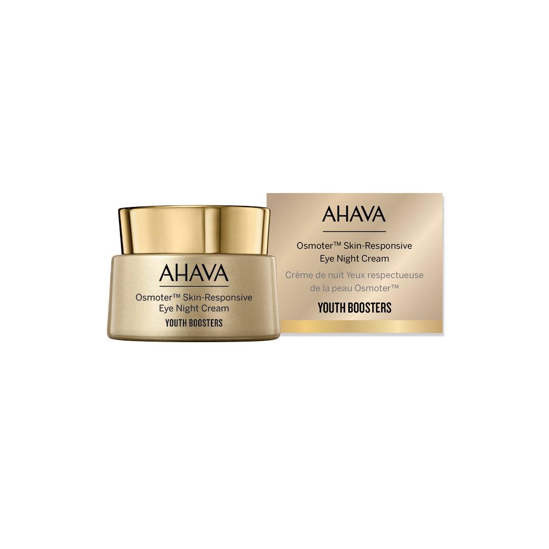 AHAVA Osmoter Skin-Responsive Eye Night Cream, goldene Dose und Verpackung, Produktbild.