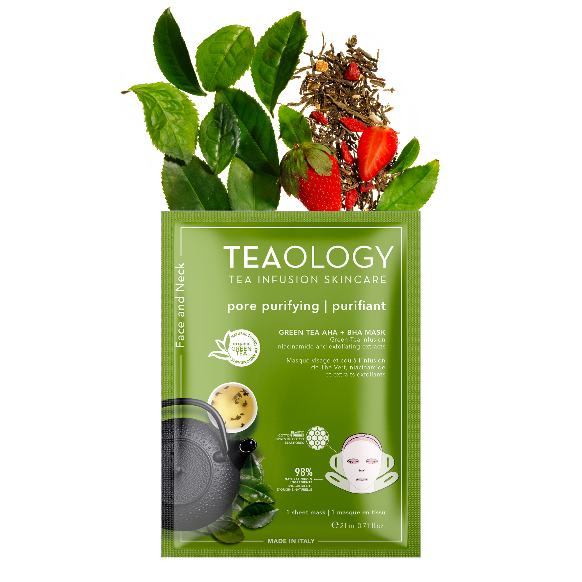 Teemaske für Gesicht und Hals, grüne Verpackung, mit grünem Tee, Erdbeere und Teekanne, Text: 'TEAOLOGY, pore purifying, Green Tea AHA + BHA Mask'.
