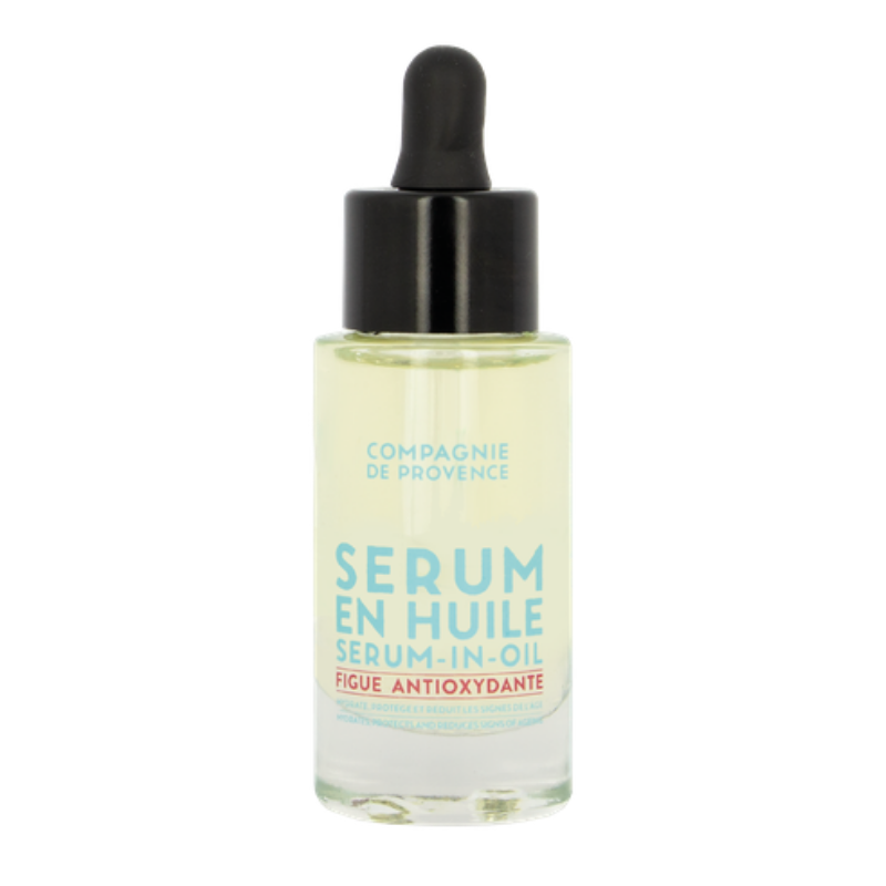 Flasche mit Serum-in-Öl von Compagnie de Provence, antioxidativ mit Feigenextrakt, Pipettenverschluss, 30 ml.