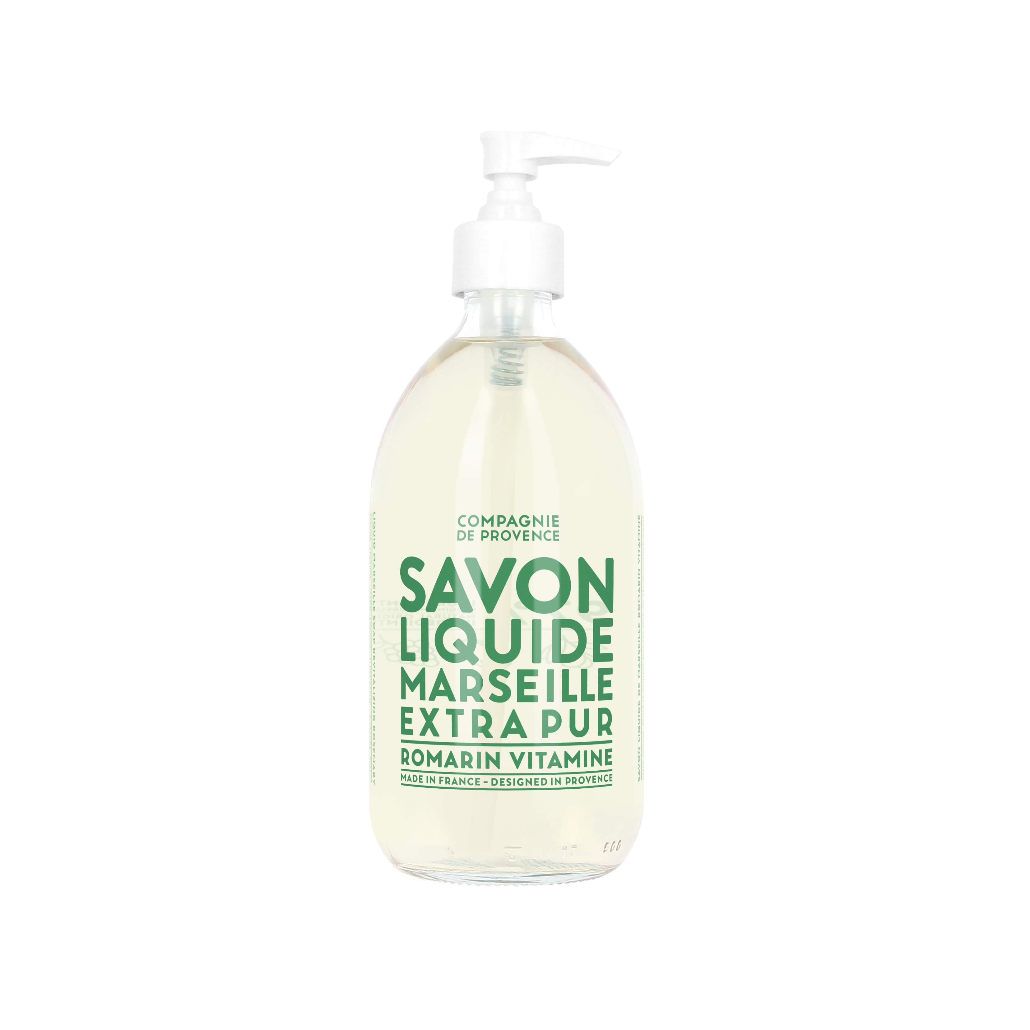 Flasche Compagnie de Provence Savon Liquide Marseille Extra Pur Romarin Vitamine, 500 ml, mit Pumpspender.