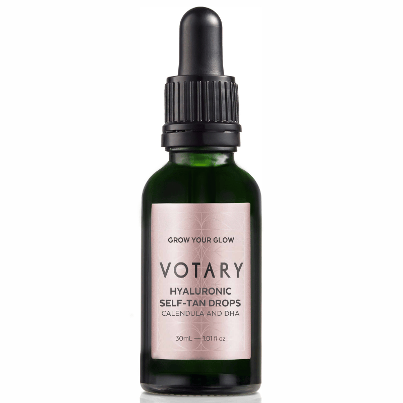 VOTARY Hyaluronic Self-Tan Drops, 30ml Flasche, mit Calendula und DHA, auf weißem Hintergrund.