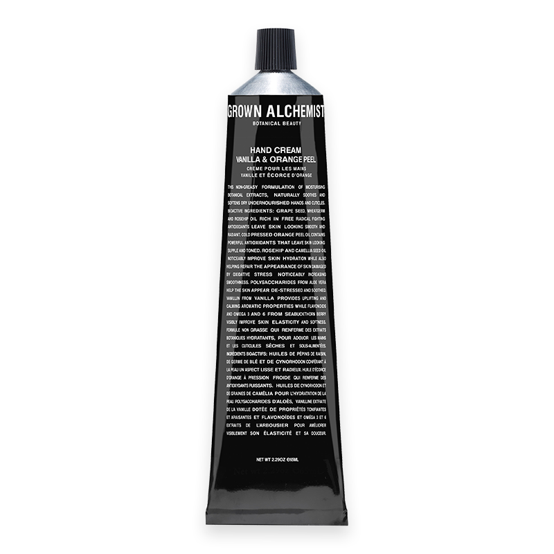 Grown Alchemist Handcreme Vanille & Orangenschale 65 ml in schwarzer Tube.