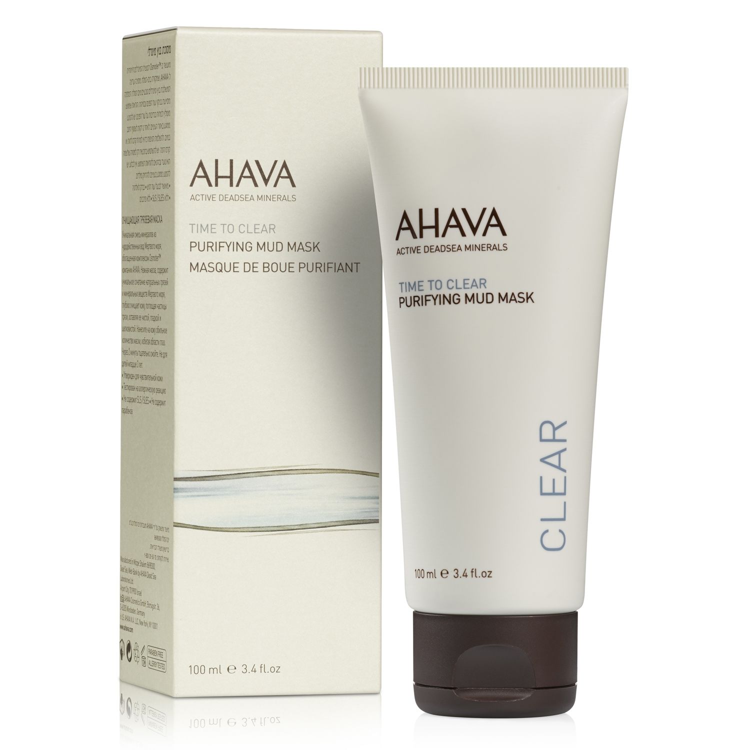 AHAVA Time to Clear Purifying Mud Mask, 100 ml Tube, neben der Verpackung.