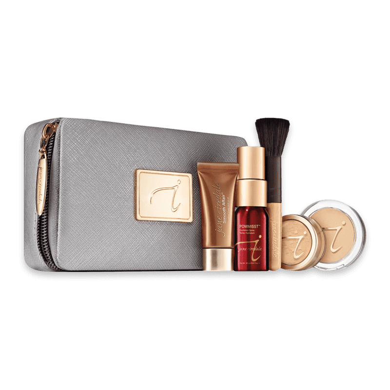 Jane Iredale Starterkit mit Kosmetiktasche, Foundation, Puder, Pinsel und Spray.