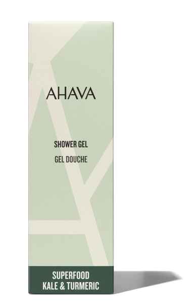 Verpackung des AHAVA Duschgels mit Superfood, Grünkohl und Kurkuma, in hellgrüner Schachtel.
