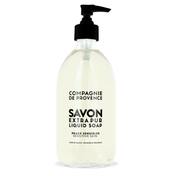 Flasche flüssige Seife von Compagnie de Provence für empfindliche Haut, 300 ml, mit Pumpspender.