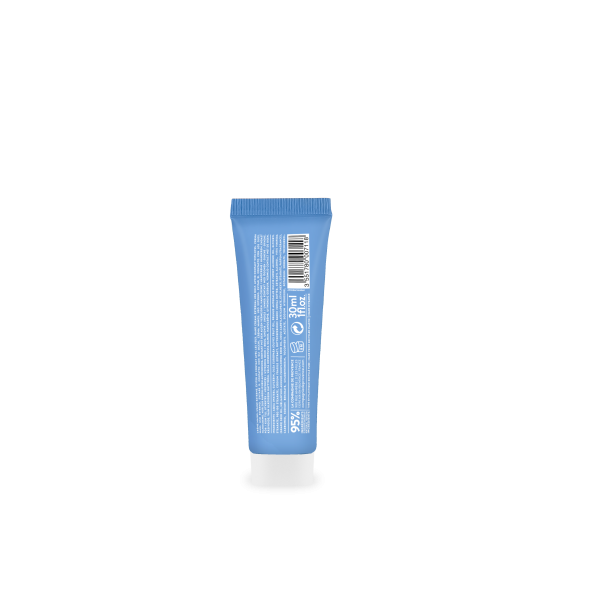 Rückseite einer blauen 30ml Handcreme-Tube mit weißem Verschluss und Text in Weiß.