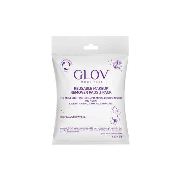 GLOV Moon Pads, wiederverwendbare Abschminkpads, 3er-Pack, Verpackung mit lila Schrift und Symbolen.