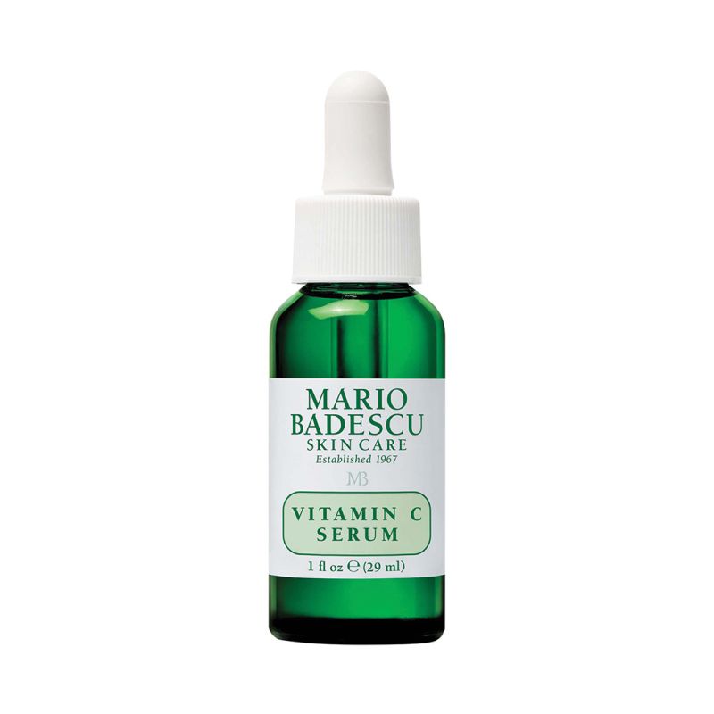 Grüne Flasche mit Pipette, beschriftet mit "Mario Badescu Vitamin C Serum".