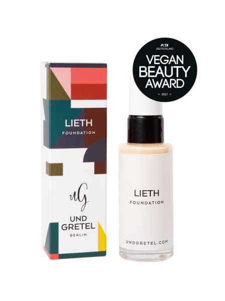 Und Gretel Lieth Foundation Flasche und Verpackung, Vegan Beauty Award 2021 Abzeichen.