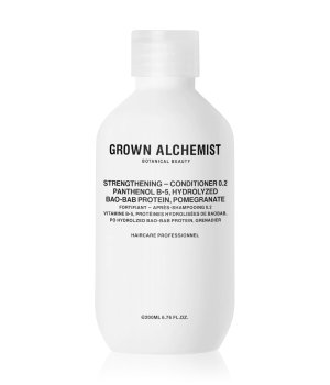 Grown Alchemist Strengthening Conditioner 0.2, 200 ml Flasche, weißes Design, botanische Schönheit.