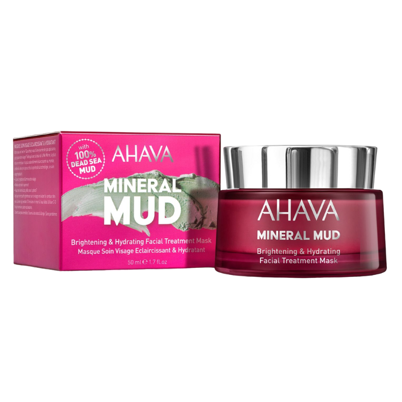 AHAVA Mineral Mud Brightening & Hydrating Facial Treatment Mask in roter Verpackung und Glasbehälter.