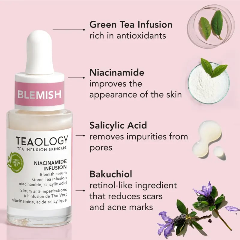 Teeflasche mit Niacinamid-Infusion, grünem Tee, Salicylsäure und Bakuchiol. Text beschreibt Vorteile für Hautpflege.