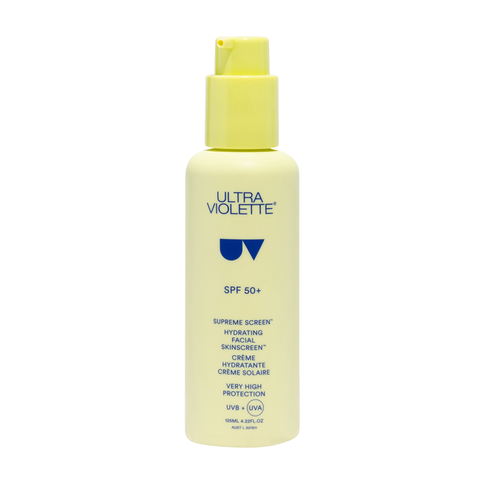 Gelbe Flasche Ultra Violette Supreme Screen SPF 50+ Feuchtigkeitsspendende Gesichtscreme mit UV-Schutz.