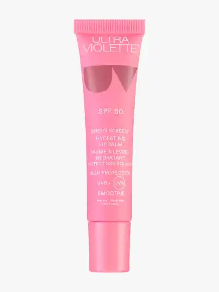 Rosa Lippenbalsam-Tube mit SPF 50 von Ultra Violette, beschriftet mit 'Sheen Screen Hydrating Lip Balm'.